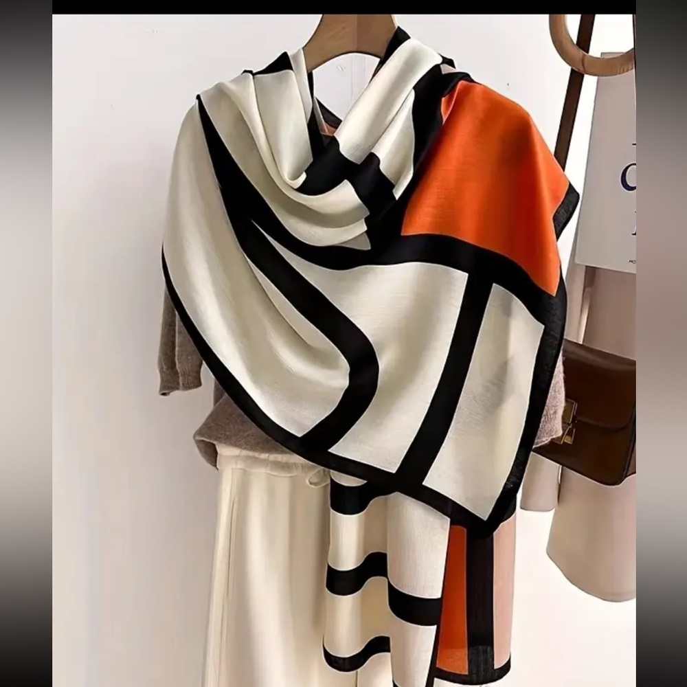 NWT Elegant Black and Orange FALL Geometric Scarf SHAWL